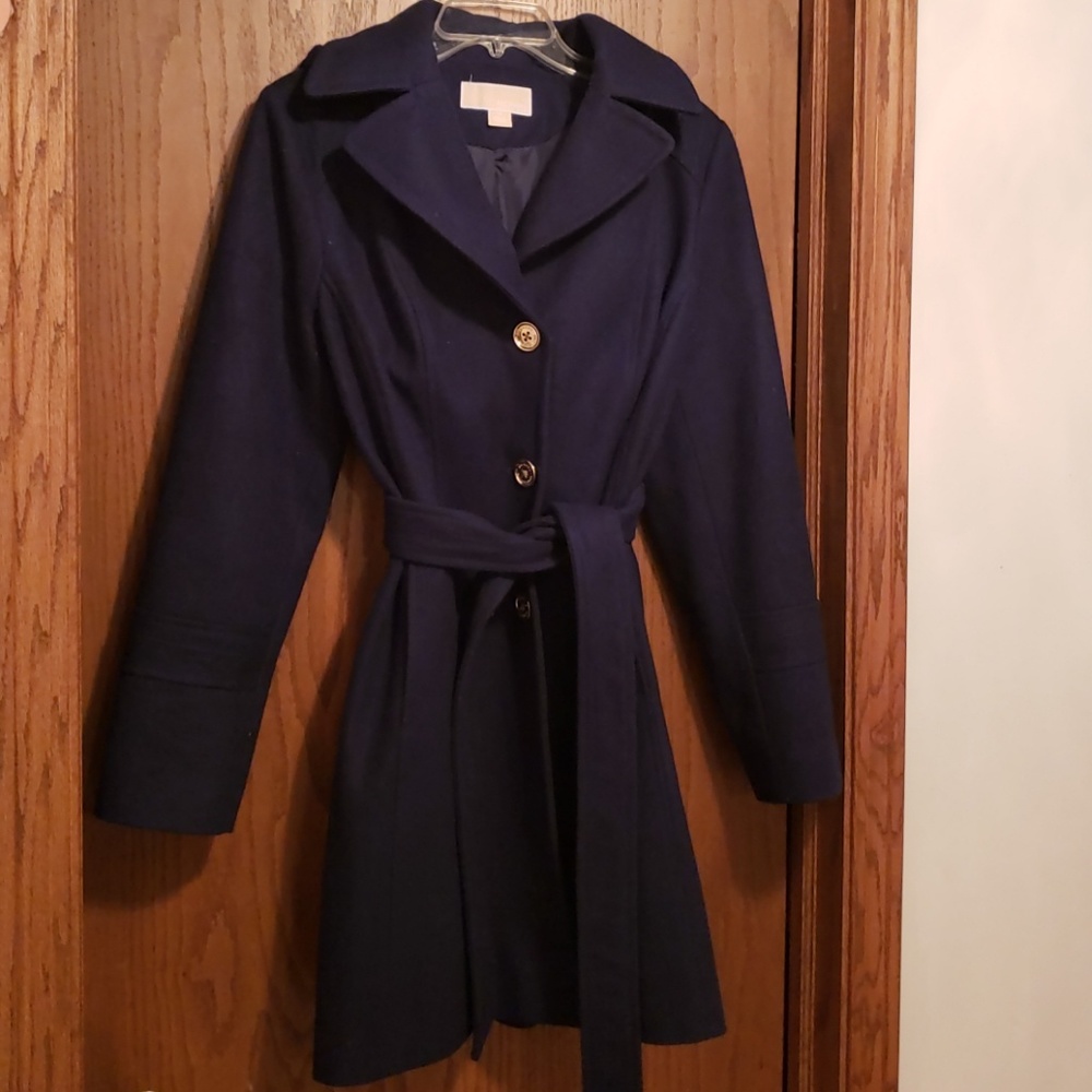 Michael Kors Navy Belted Hooded Wool Coat